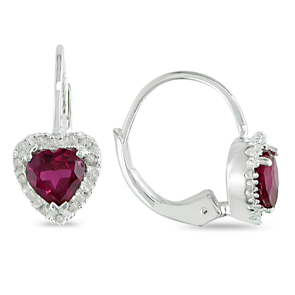 1/7 CT Diamond TW And 1 CT TGW Created Ruby Heart Earrings Silver GHI I3