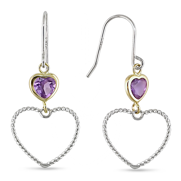 14KY Silver 3/4ct TGW 5mm Heart Shape Amethyst Hanging Hook Earrings