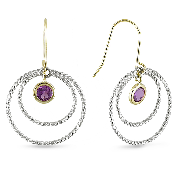 14KY  Silver 1/2ct TGW 4mm Round Amethyst Hanging Hook Earrings