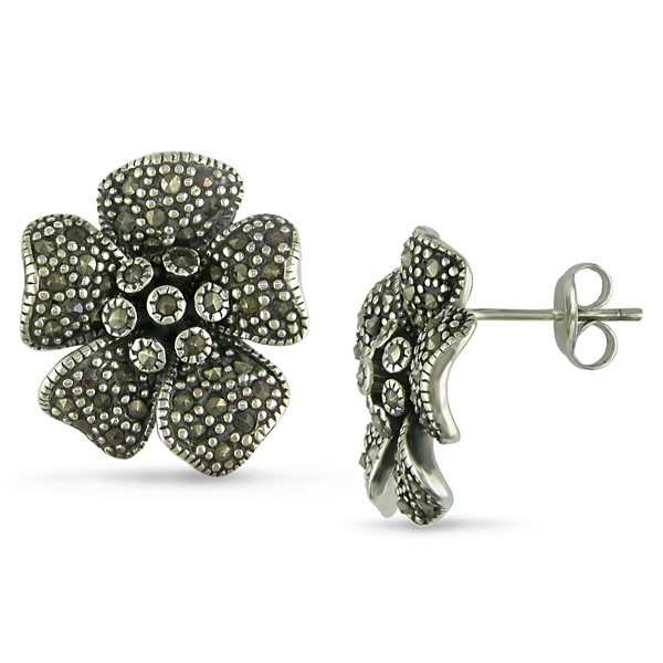 Silver Fower Shaped Marcasite Earrings