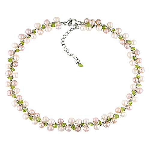 15 Silver 5-6mm Pink White Potato Pearls W/ Peridot Chips Necklace on Fishing