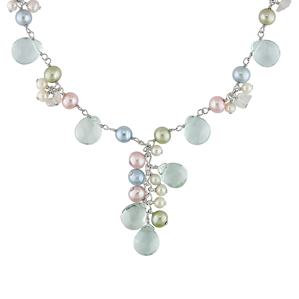 16 Multi-Colored FW Pearls and Blue Topaz Sterling Silver Necklace