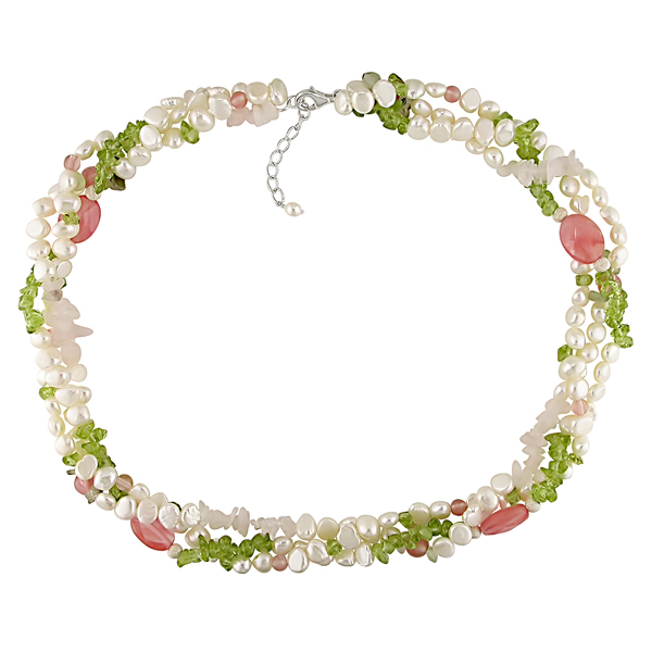 18 Sterling Silver Cultured FW Pearl and Multi-Gemstone Necklace