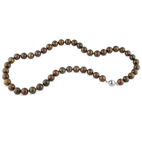 18 8-9mm FW Brown Pearl Necklace w/ Silver hook-in pressure Ball Clasp