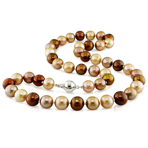 18 9-10mm FW Multi Color Brown/ Gold/ Champagne Pearl Necklace w/ Silver Ball Clasp