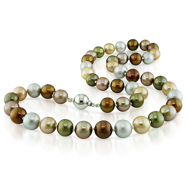18 9-10mm FW Multi Color Grey/Olive/Brown/Light Champagne/Dark Champagne Pearl Necklace w/ Silver Ball Clasp