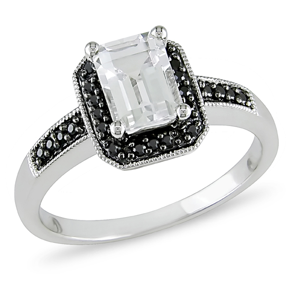 1/8 CT Black Diamond TW And 1 1/3 CT TGW White Topaz 10K White Gold Fashion Ring I1;I2