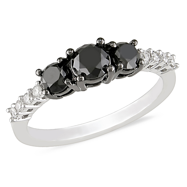 1 CT Black and White Diamond TW 3 Stone Ring 10k White Gold GHI I2;I3
