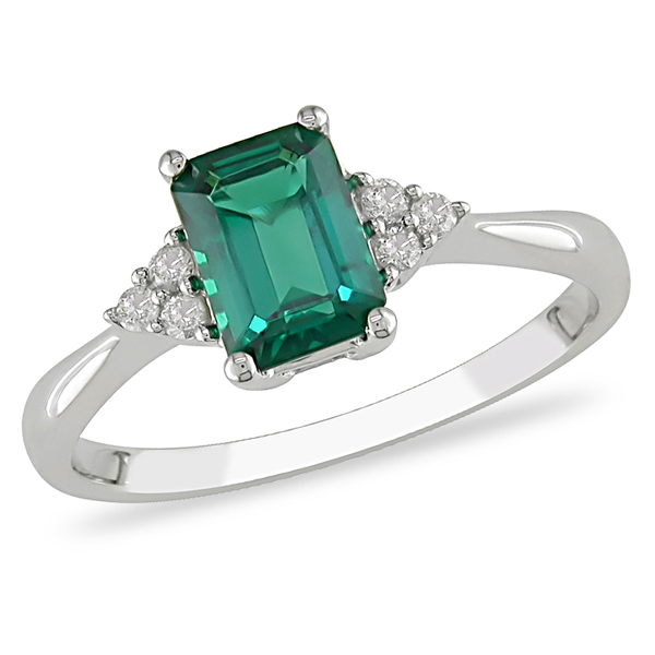 10K White Gold 0.88 CT TGW Synthetic Emerald Diamond Fashion Ring