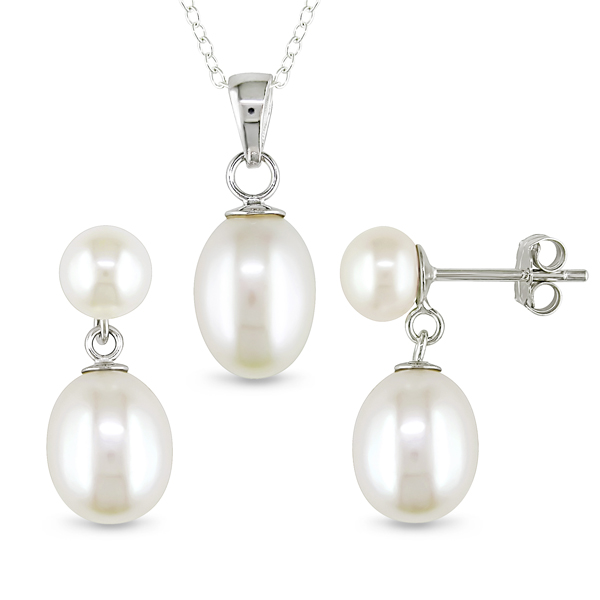 Set of Silver 8-8.5mm Rice White 5.5-6mm Button White Pearl Earring 8-8.5mm Rice White Pearl Pendant w/ Chain