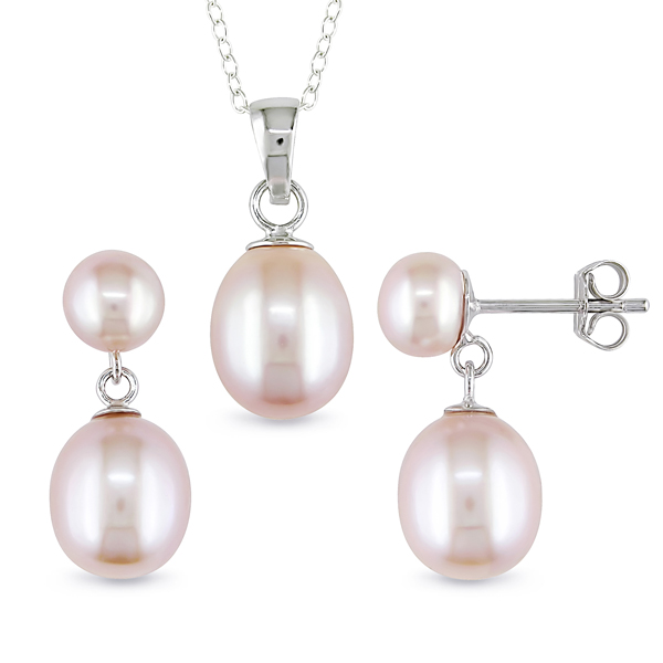 Set of Silver 8-8.5mm Rice Pink 5.5-6mm Button Pink Pearl Earring 8-8.5mm Rice Pink Pearl Pendant w/ Chain