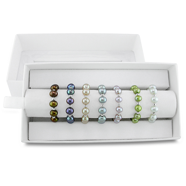 Set of 7 Elastic Rings w/ 4-5mm FW Potato Pearls White Black Purple Chocolate