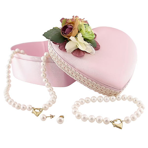 3pc Set of 6-7mm FW White Pearl 18 Necklace 7 Bracelet w/ 14KY Heart Clasp 6-7mm FW Pearl Earrings in Heart Shape Pink Satin Box