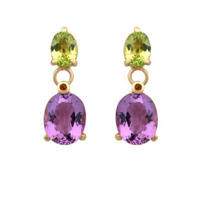 14k Italian Gold Amethyst Peridot and Rhodolite Gemstone Earrings