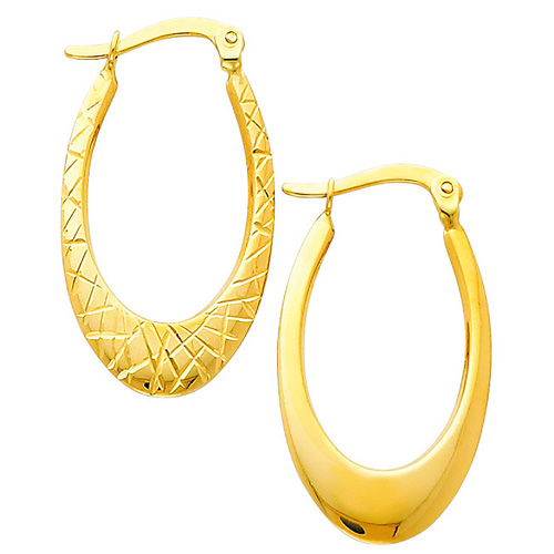 14K Yellow Gold Diamond Cut/High Polished Oval Hinged Earrings