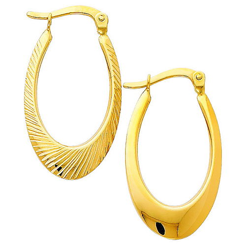 14K Yellow Gold Diamond Cut/High Polished Oval Hinged Earrings