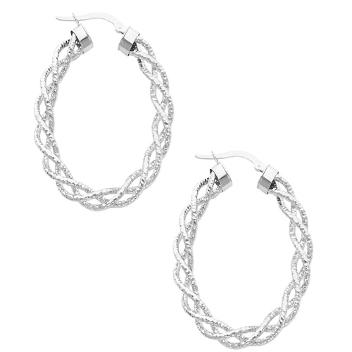 14K White Gold 3mm Twisted Oval Hoop Earrings