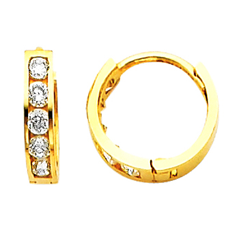 14K Yellow Gold 5 Stone CZ Channel Set Polished Hoop Huggies Earrings  0.4 or 10