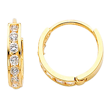 14K Yellow Gold 7 stone CZ Channel Set Polished Hoop Huggies Earrings   0.5 or 1