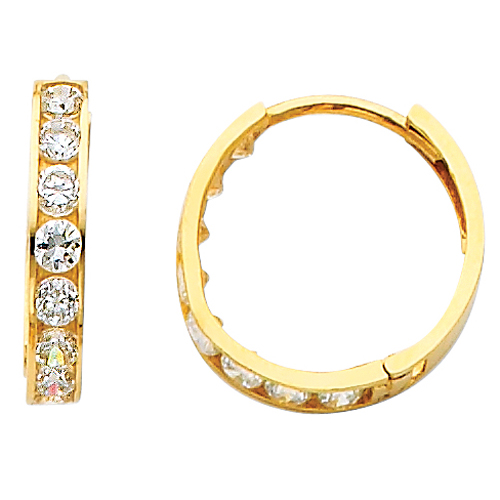 14K Yellow Gold 8 Stone CZ Channel Set Medium Polished Hoop Huggies Earrings  0.