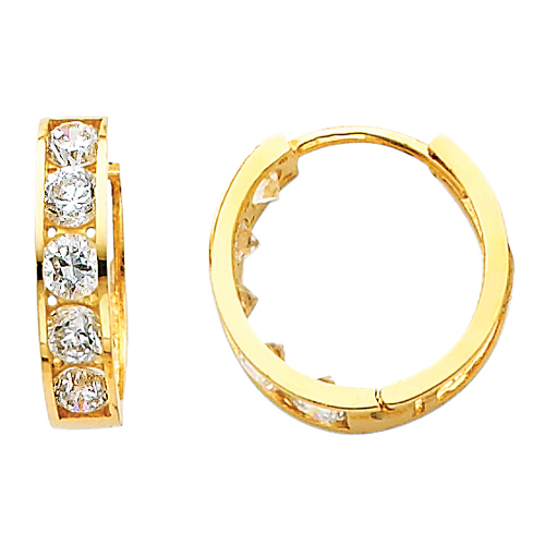 14K Yellow Gold 5 Stone CZ Channel Set Large Polished Hoop Huggies Earrings  0.6