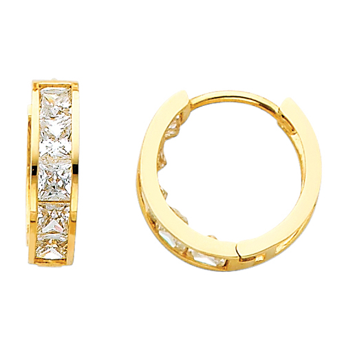 14K Yellow Gold Princess 6 Stone CZ Channel Set Large Polished Hoop Huggies Earr