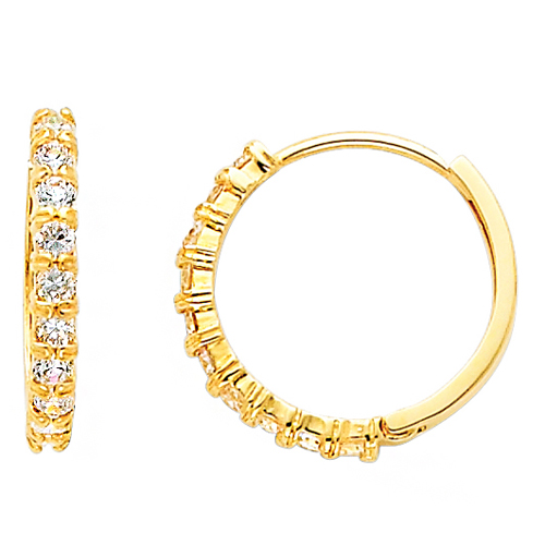 14K Yellow Gold Designer 10 Stone CZ Polished Hoop Huggies Earrings  0.6 or 15mm