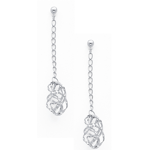 14K White Gold Fancy Twisted Dangle Hanging Earrings with Pusback for Women