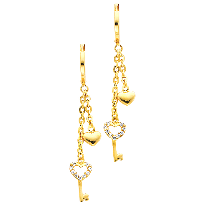 14K Yellow Gold Fancy Heart Key CZ Cubic Zirconia Dangle Hanging Earrings with Fishhook