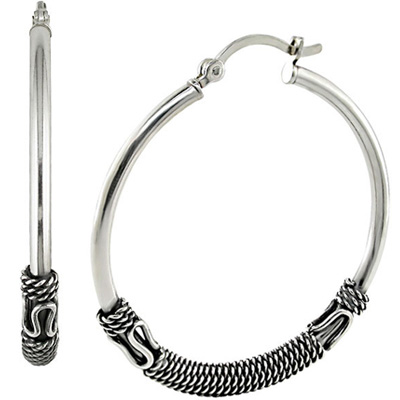 35mm Antique Rope Hoop Silver Earrings