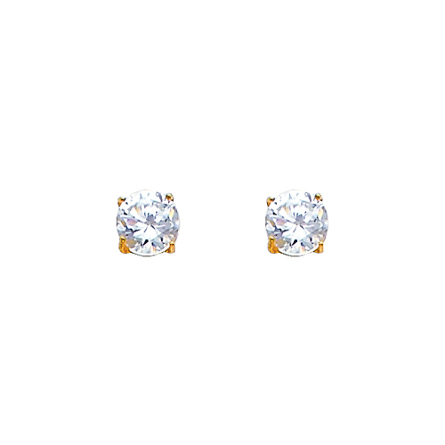 14K Yellow Gold 4mm Round CZ Solitaire Basket Stud Earrings with Push Back for Lady and Children
