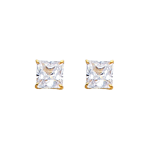 14K Yellow Gold 5mm Princess Solitaire Basket CZ Stud Earrings with Push Back for Lady and Children