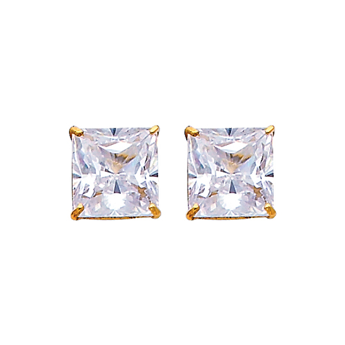 14K Yellow Gold 7mm Princess Solitaire Basket CZ Stud Earrings with Push Back for Lady and Children