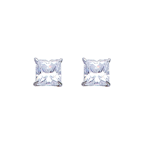 14K White Gold 5mm Princess Solitaire Basket CZ Stud Earrings with Push Back for Lady and Children