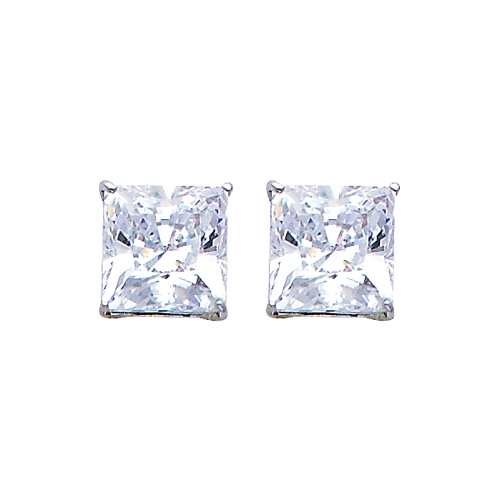 14K White Gold 7mm Princess Solitaire Basket CZ Stud Earrings with Push Back for Lady and Children