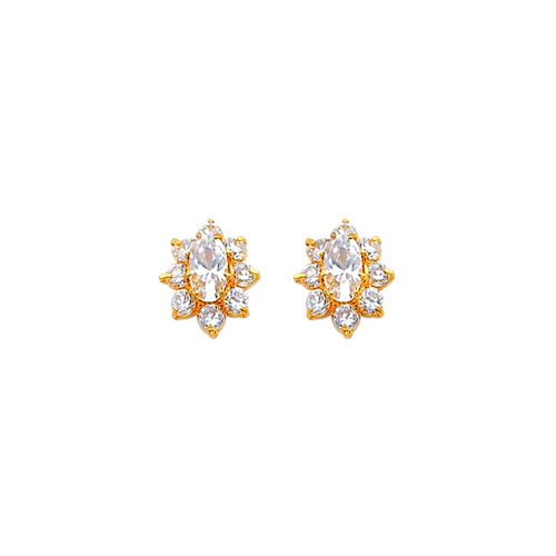 14K Yellow Gold Flower CZ Stud Earrings with Screw Back for Children Teen