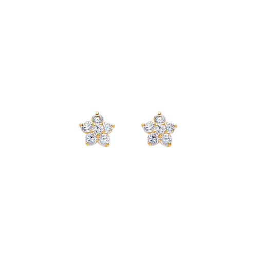 14K Yellow Gold White Flower CZ Stud Earrings with Screw Back for Lady and Children