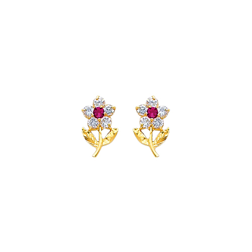 14K Yellow Gold Red and White Flower CZ Stud Earrings with Screw Back for Children Teen
