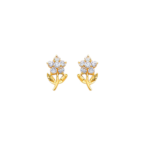 14K Yellow Gold White Flower CZ Stud Earrings with Screw Back for Children Teen