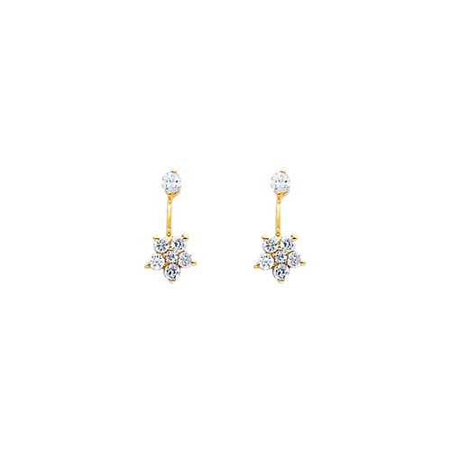 14K Yellow Gold Hanging Flower Drop CZ Stud Earrings with Screw Back for Children Teen