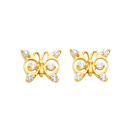 14K Yellow Gold Butterfly CZ Stud with Screw Back for Children Teen