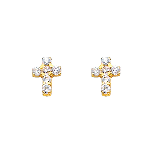 14K Yelllow Gold Cross CZ Stud Earrings with Screw Back for Children Teen