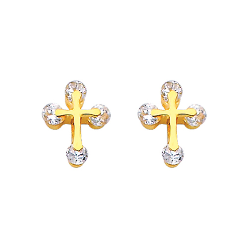 14K Yellow Gold Cross CZ Stud Earrings with Screw Back for Lady Children
