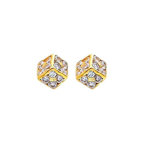 14K Yellow Gold Medium Cube CZ Stud Earrings with Screw Back for Lady Children