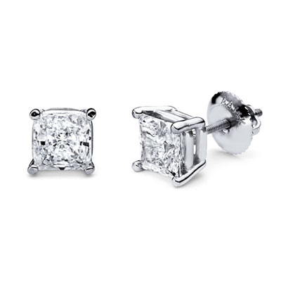 14K 4 Prong Princess Solitaire Diamond Stud Earrings 2.00ctw diamond stud earrings