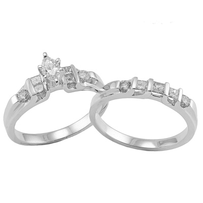 7/8ctw Marquise Diamond Wedding Set in 14k White Gold HI/I1