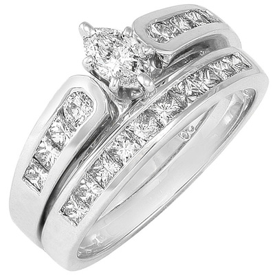 1ctw Diamond Marquise Bridal Ring Set in 14k White Gold HI/SI