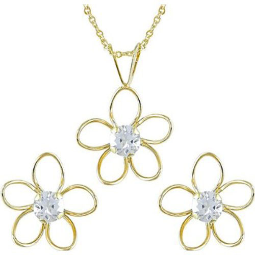 14k Yellow Gold Set of Flower Earrings Pendant