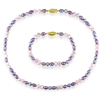 Set Of 18 FW 5-6.5mm Dyed Pink Light Purple Irregular Rice Pearl Necklace 7 Bracelet w/ Gold Plated Metal Clasp