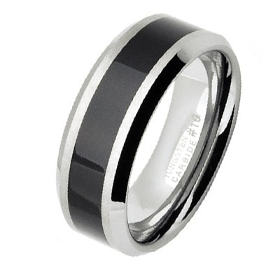 8mm Tungsten Carbide Black Resin Inlay Beveled Edge Ring